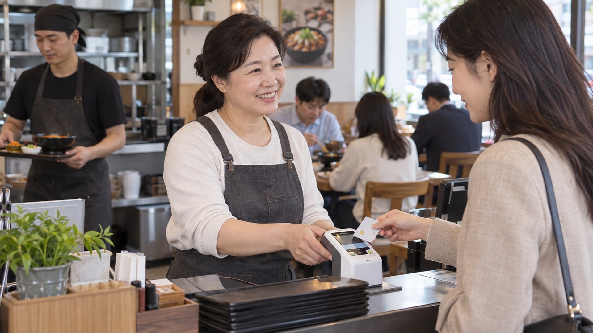 소상공인 PG사 · 카페 계산대에서 손님 카드를 받는 장면(연출 사진)