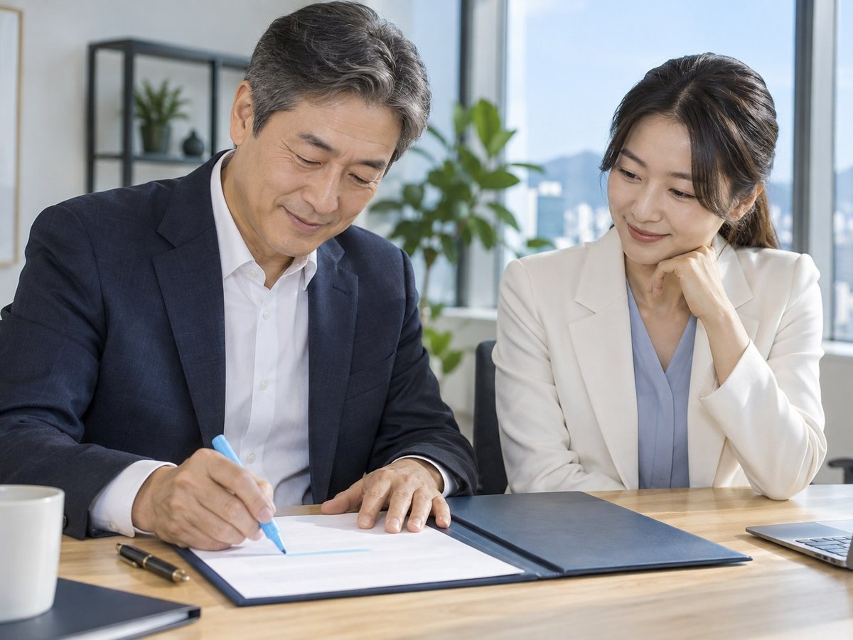 PG사 계약 · 두 사람이 체크리스트를 보며 서류를 확인하는 장면(연출 사진)