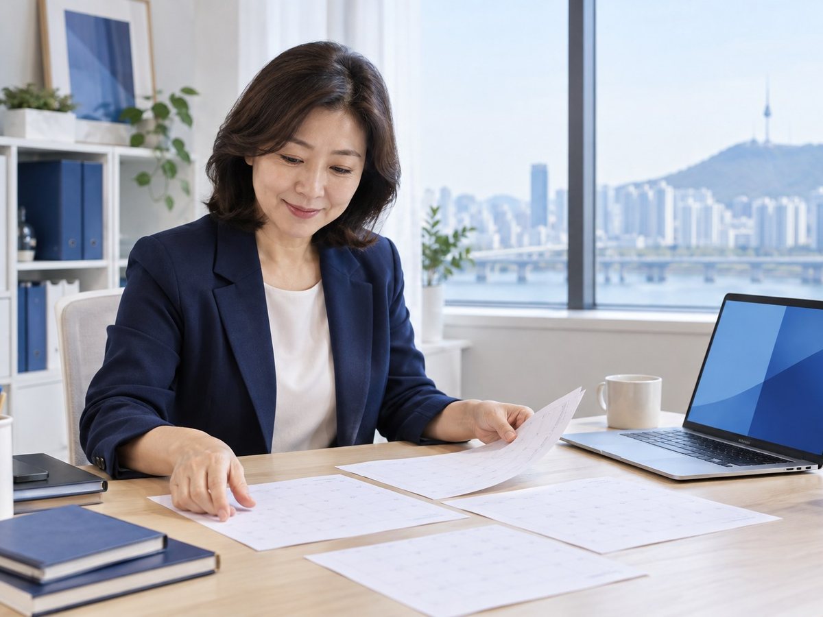 PG사 · 여성이 책상에 서류를 펼쳐 놓고 정리하는 장면(연출 사진)