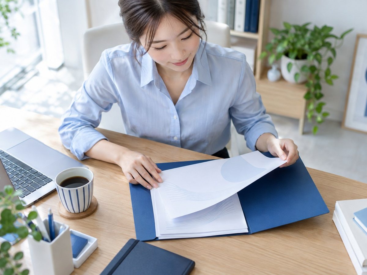PG사 · 여성이 파란 서류 파일을 펼쳐 보는 장면(연출 사진)